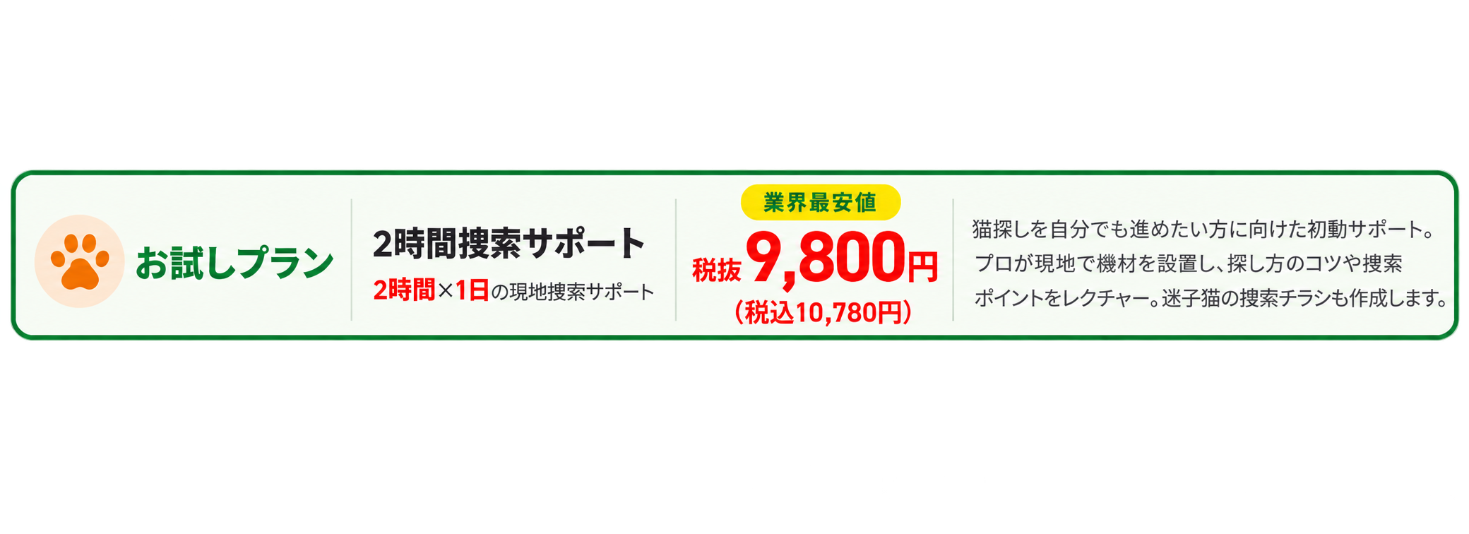 お試しプラン：2時間捜索サポート（2時間×1日）の現地捜索。税抜9,800円（税込10,780円）。機材を設置し、探し方のコツや捜索ポイントを案内し、迷子猫の捜索チラシも作成します。